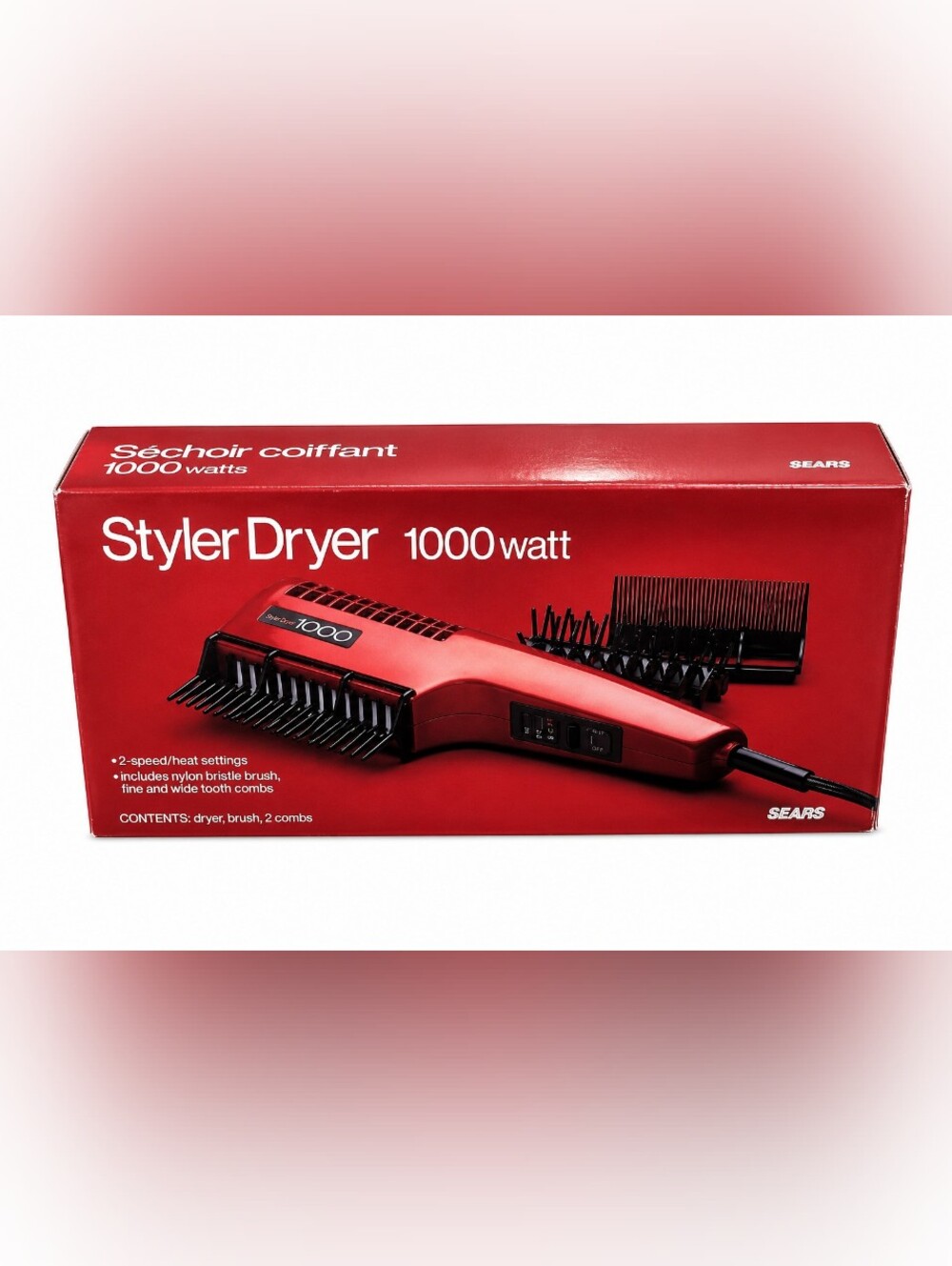 Vintage Sears Styler Dryer 1000 Watt Hair Dryer Brush Comb Set w/ Original Box